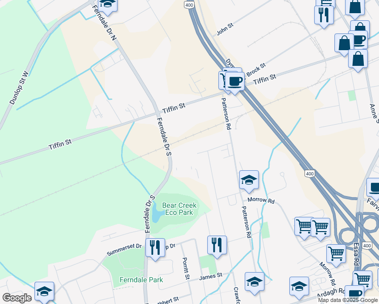 map of restaurants, bars, coffee shops, grocery stores, and more near 47 Ferndale Drive South in Barrie