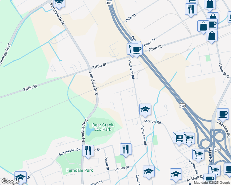map of restaurants, bars, coffee shops, grocery stores, and more near 223 Phillips Street in Barrie