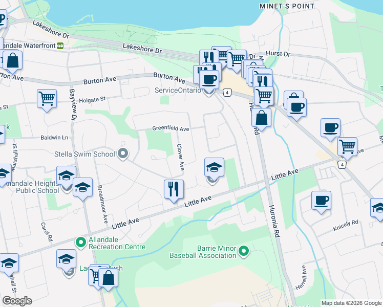map of restaurants, bars, coffee shops, grocery stores, and more near 56 Briar Road in Barrie