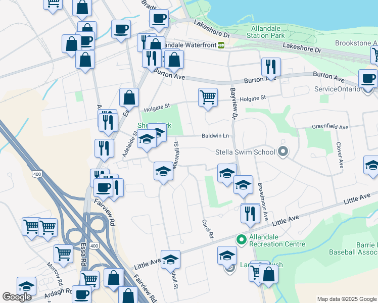 map of restaurants, bars, coffee shops, grocery stores, and more near 7 Murray Street in Barrie