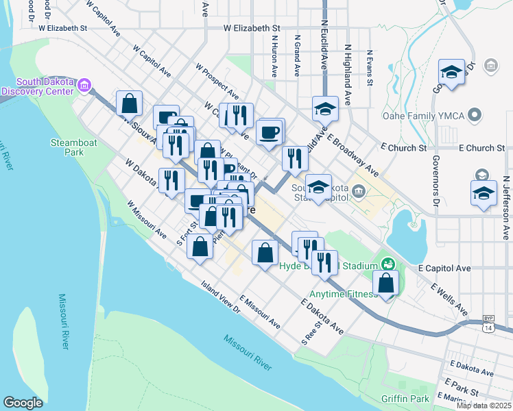 map of restaurants, bars, coffee shops, grocery stores, and more near 100 East Sioux Avenue in Pierre