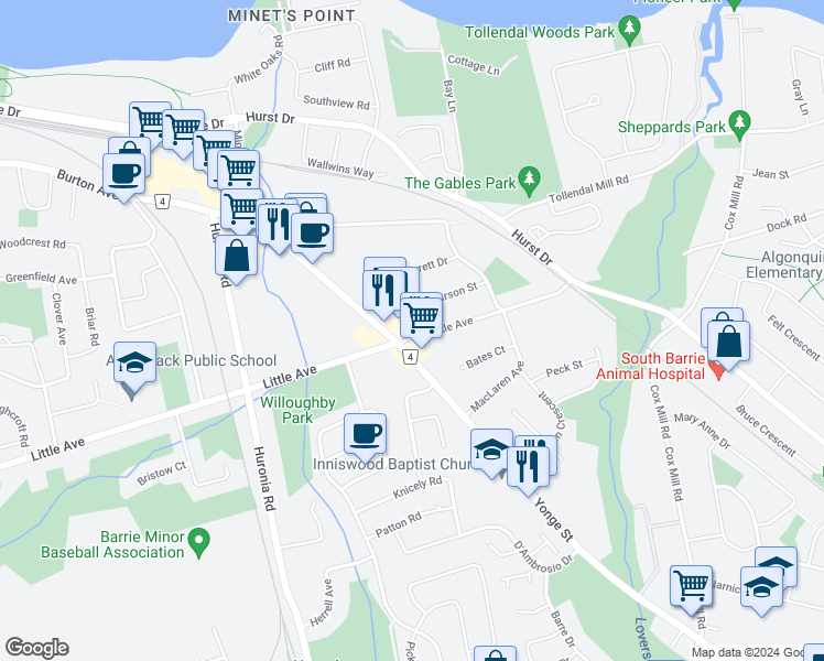 map of restaurants, bars, coffee shops, grocery stores, and more near 370 Little Avenue in Barrie