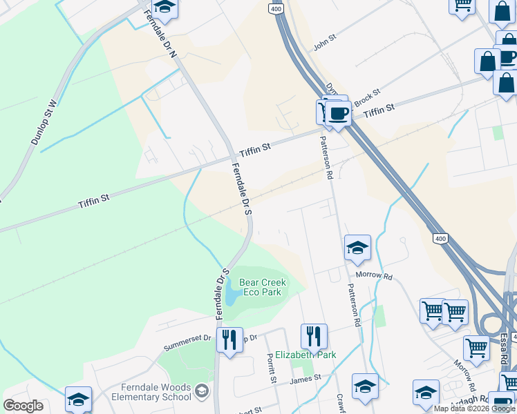 map of restaurants, bars, coffee shops, grocery stores, and more near 57 Ferndale Drive South in Barrie