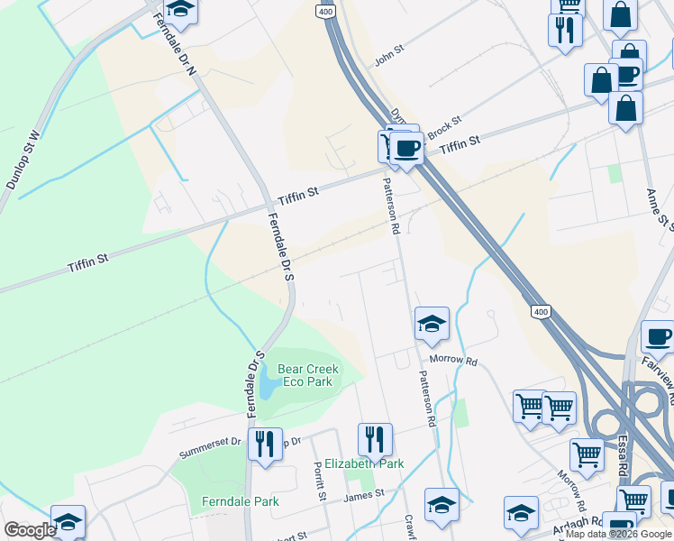 map of restaurants, bars, coffee shops, grocery stores, and more near 223 Phillips Street in Barrie