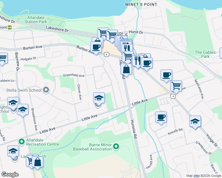 map of restaurants, bars, coffee shops, grocery stores, and more near 80 Garden Drive in Barrie