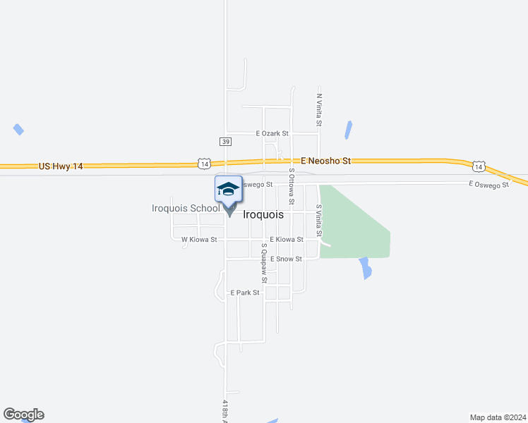 map of restaurants, bars, coffee shops, grocery stores, and more near S Quapaw St & E Washita St in Iroquois