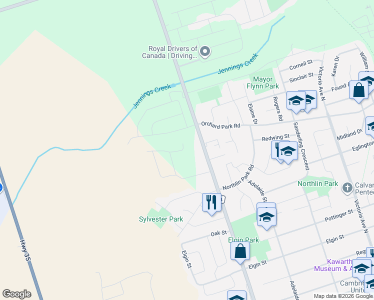 map of restaurants, bars, coffee shops, grocery stores, and more near 21 Richard Avenue in Kawartha Lakes