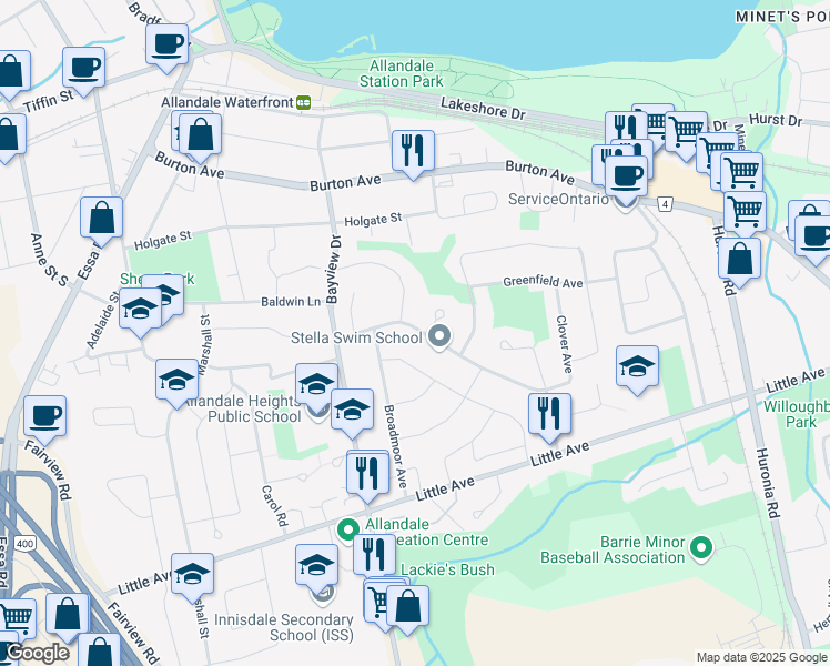 map of restaurants, bars, coffee shops, grocery stores, and more near 31 Springhome Road in Barrie