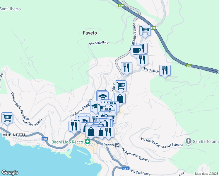 map of restaurants, bars, coffee shops, grocery stores, and more near 34 Via Privata Nicolò Paganini in Recco