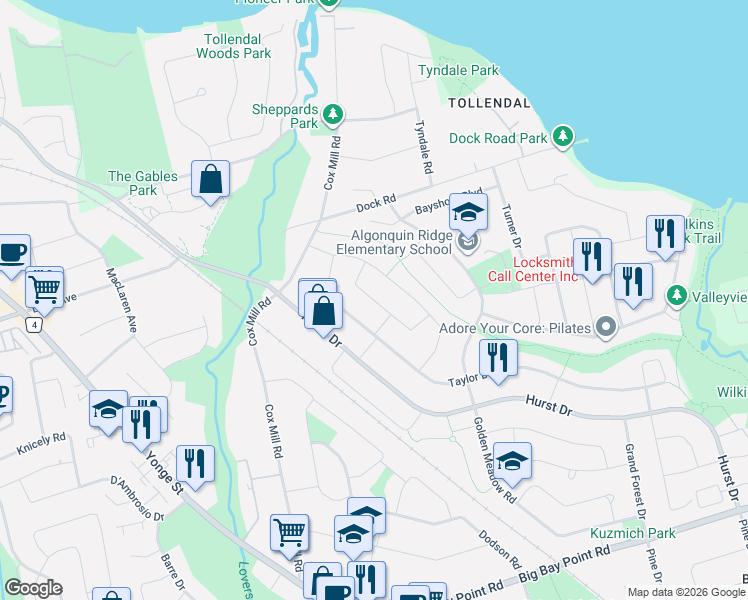 map of restaurants, bars, coffee shops, grocery stores, and more near Felt Crescent in Barrie