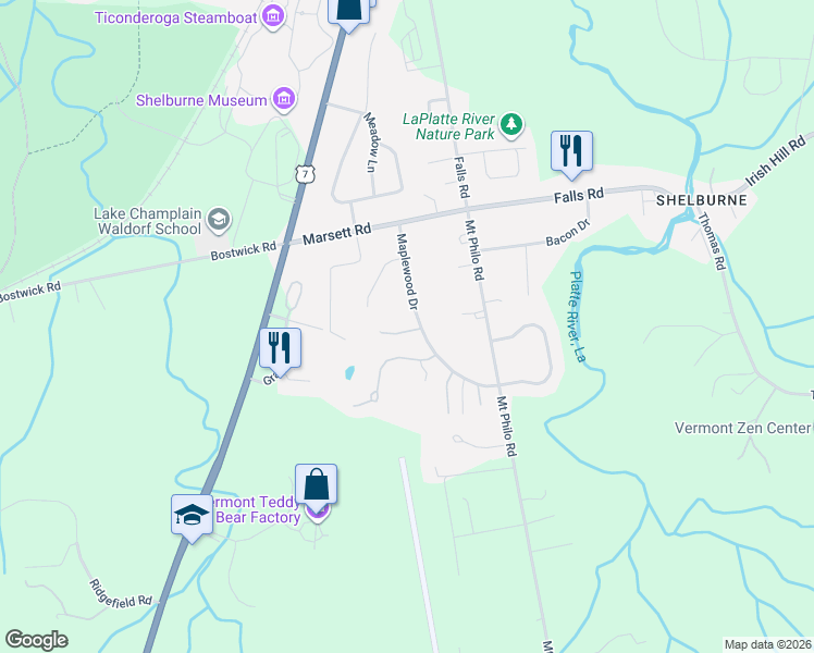 map of restaurants, bars, coffee shops, grocery stores, and more near 22 Ti Lane in Shelburne
