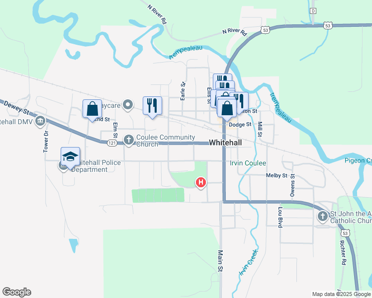 map of restaurants, bars, coffee shops, grocery stores, and more near 18643 Dewey Street in Whitehall