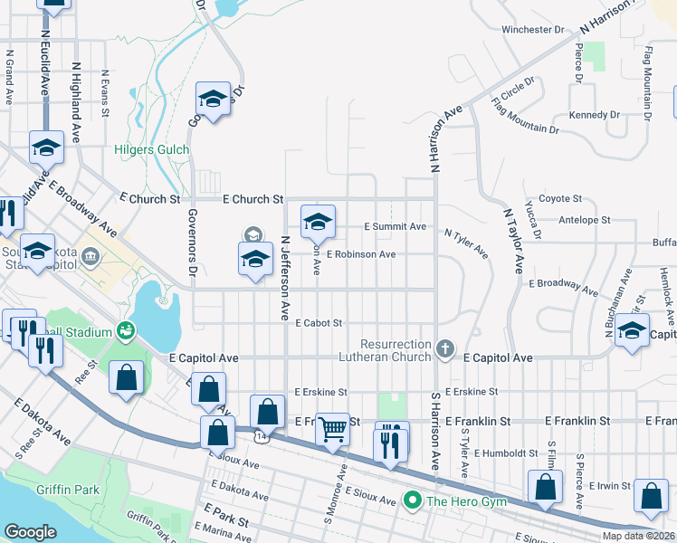 map of restaurants, bars, coffee shops, grocery stores, and more near North Madison Avenue in Pierre