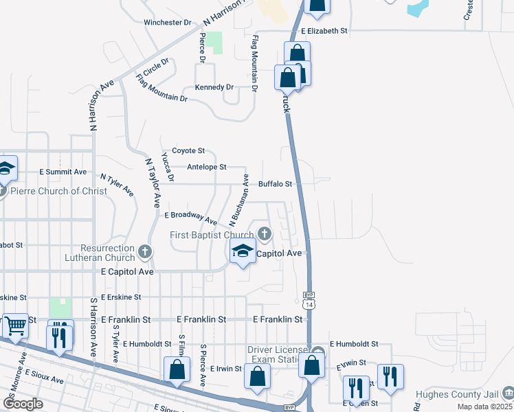 map of restaurants, bars, coffee shops, grocery stores, and more near 505 North Spruce Avenue in Pierre
