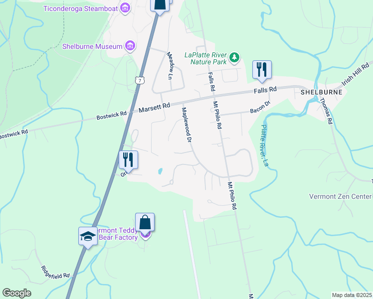 map of restaurants, bars, coffee shops, grocery stores, and more near 22 Ti Lane in Shelburne