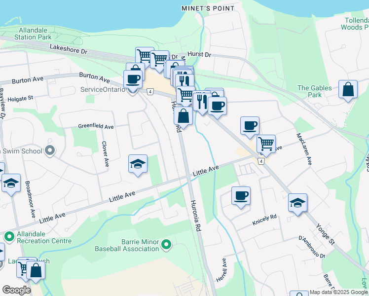 map of restaurants, bars, coffee shops, grocery stores, and more near 126 Huronia Road in Barrie