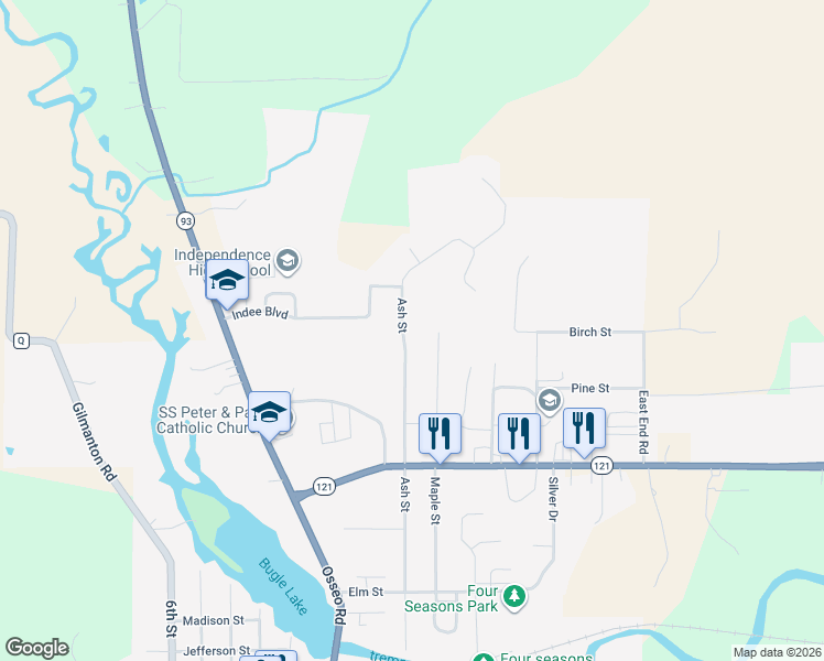map of restaurants, bars, coffee shops, grocery stores, and more near 36274 Ash Street in Independence