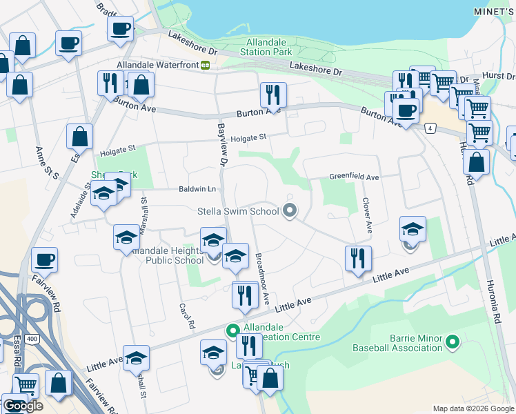 map of restaurants, bars, coffee shops, grocery stores, and more near 17 Springhome Road in Barrie