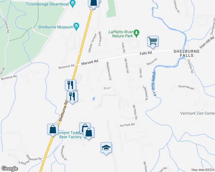 map of restaurants, bars, coffee shops, grocery stores, and more near 32 Ti Lane in Shelburne