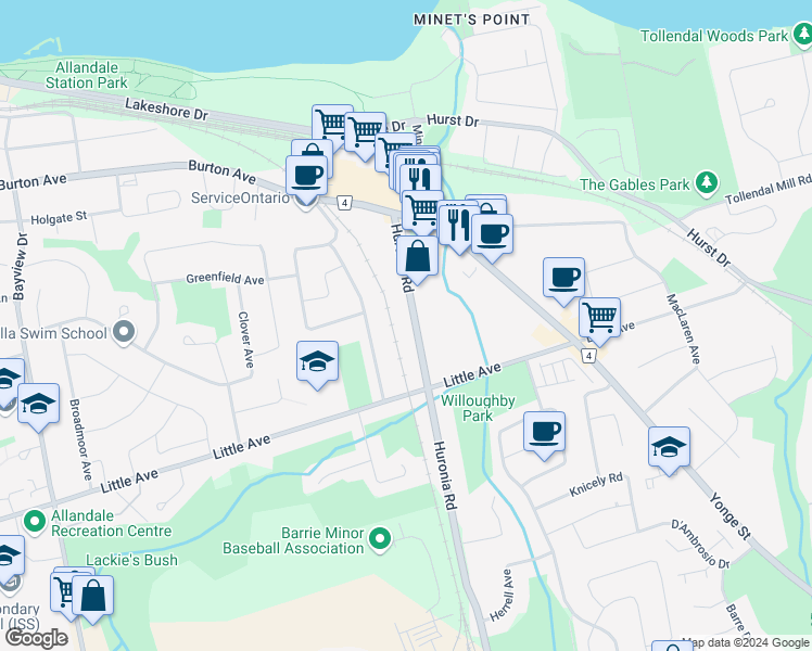 map of restaurants, bars, coffee shops, grocery stores, and more near 126 Huronia Road in Barrie