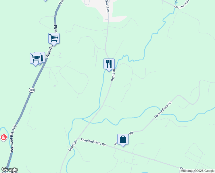 map of restaurants, bars, coffee shops, grocery stores, and more near 1211 Guptil Road in Waterbury Center