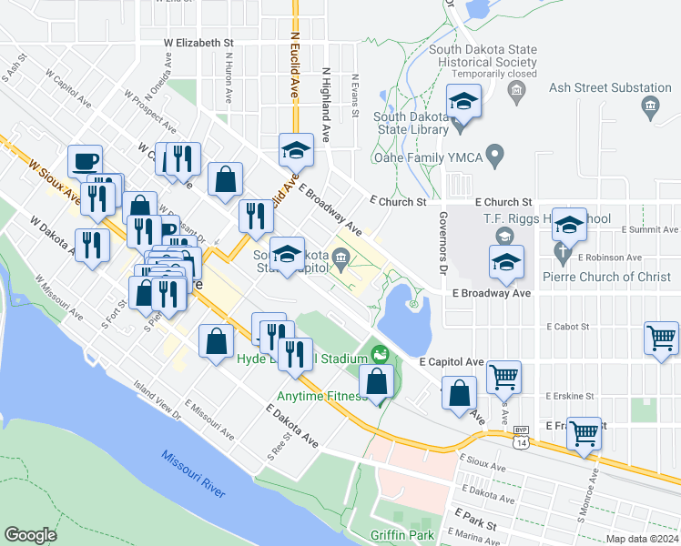 map of restaurants, bars, coffee shops, grocery stores, and more near 500 East Capitol Avenue in Pierre