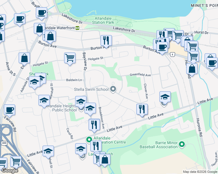 map of restaurants, bars, coffee shops, grocery stores, and more near 31 Springhome Road in Barrie