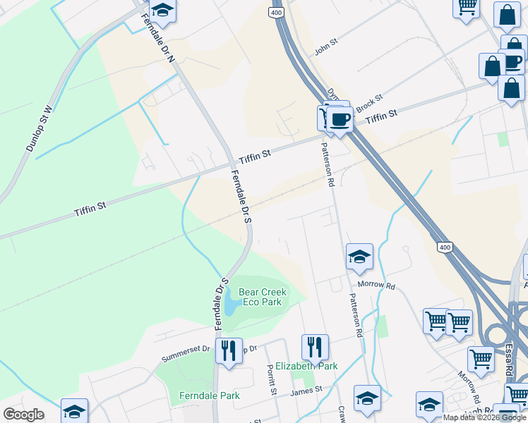 map of restaurants, bars, coffee shops, grocery stores, and more near 53 Ferndale Drive South in Barrie