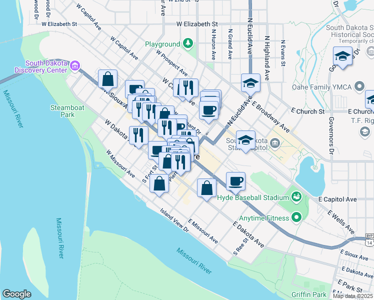 map of restaurants, bars, coffee shops, grocery stores, and more near 225 South Pierre Street in Pierre