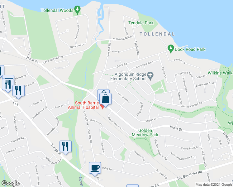 map of restaurants, bars, coffee shops, grocery stores, and more near 21 Felt Crescent in Barrie