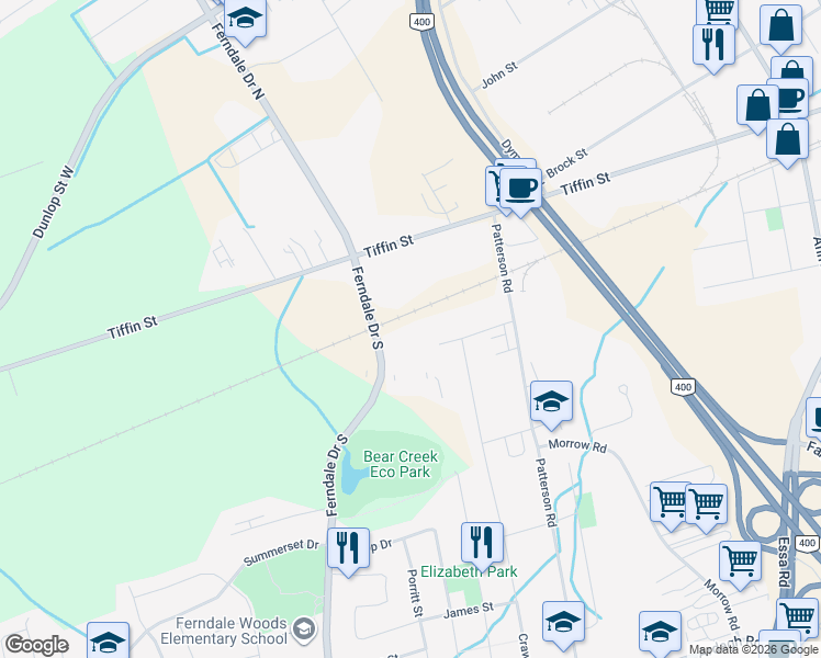 map of restaurants, bars, coffee shops, grocery stores, and more near 53 Ferndale Drive South in Barrie