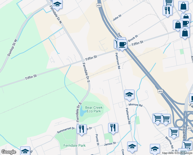 map of restaurants, bars, coffee shops, grocery stores, and more near 223 Phillips Street in Barrie