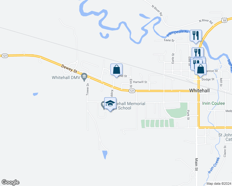 map of restaurants, bars, coffee shops, grocery stores, and more near 18993 Dewey Street in Whitehall