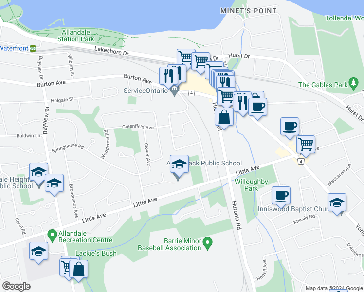 map of restaurants, bars, coffee shops, grocery stores, and more near 76 Trillium Crescent in Barrie