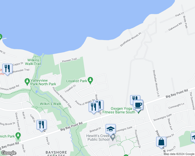 map of restaurants, bars, coffee shops, grocery stores, and more near 134 Jewel House Lane in Barrie