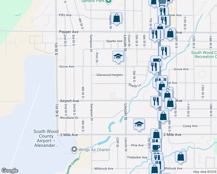 map of restaurants, bars, coffee shops, grocery stores, and more near 454 Shady Ln in Wisconsin Rapids