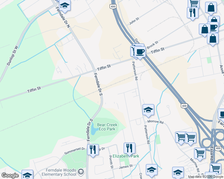 map of restaurants, bars, coffee shops, grocery stores, and more near 49 Ferndale Drive South in Barrie