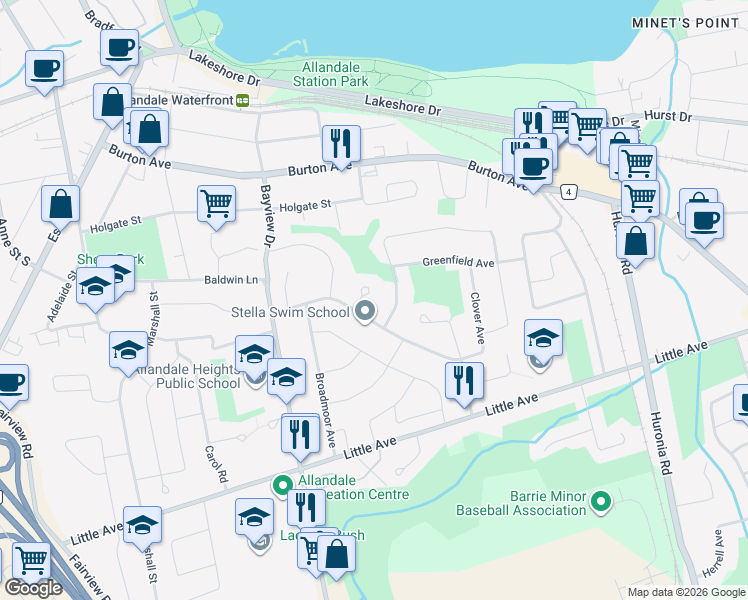 map of restaurants, bars, coffee shops, grocery stores, and more near 3 Glen Court in Barrie