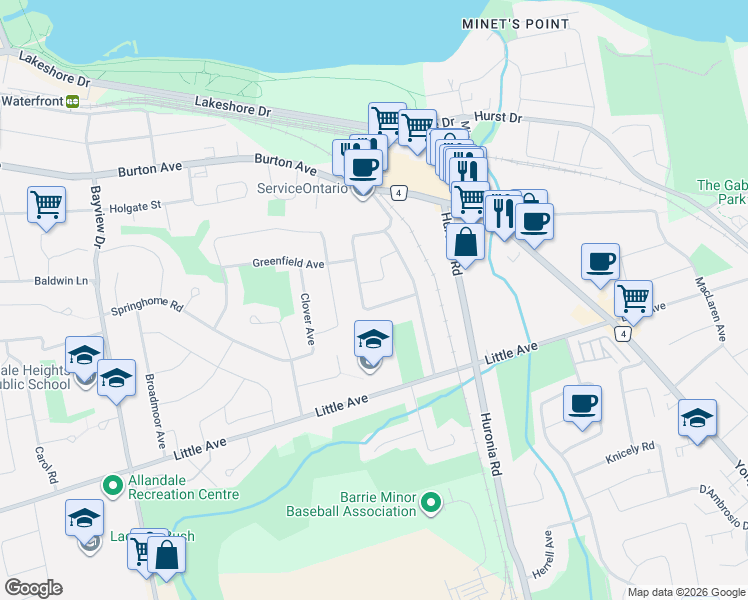 map of restaurants, bars, coffee shops, grocery stores, and more near 71 Trillium Crescent in Barrie