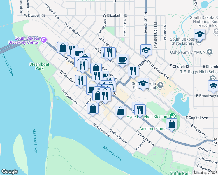 map of restaurants, bars, coffee shops, grocery stores, and more near 225 South Pierre Street in Pierre