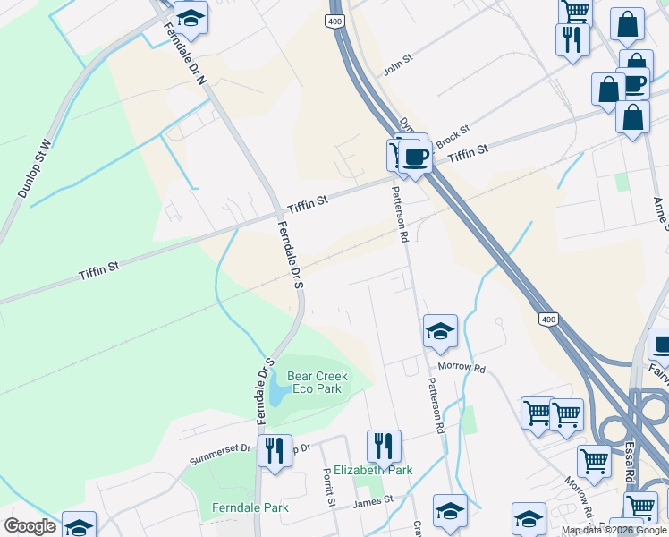 map of restaurants, bars, coffee shops, grocery stores, and more near 223 Phillips Street in Barrie