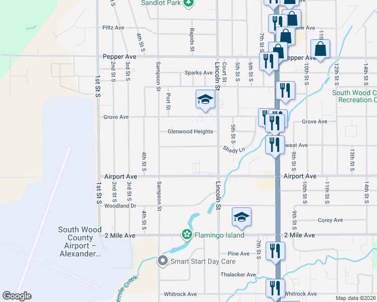 map of restaurants, bars, coffee shops, grocery stores, and more near 454 Shady Lane in Wisconsin Rapids