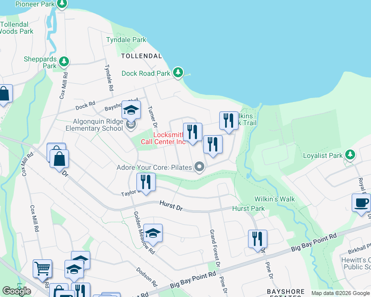 map of restaurants, bars, coffee shops, grocery stores, and more near 20 Tamarack Trail in Barrie