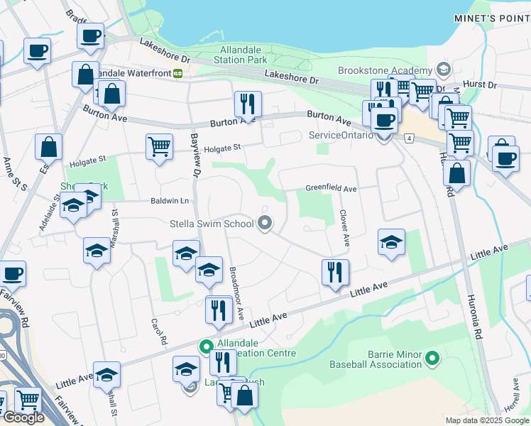 map of restaurants, bars, coffee shops, grocery stores, and more near Glen Court in Barrie