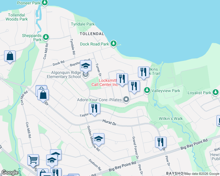 map of restaurants, bars, coffee shops, grocery stores, and more near 11 Whispering Pine Place in Barrie