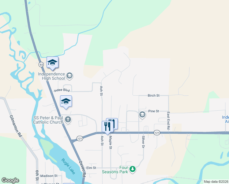 map of restaurants, bars, coffee shops, grocery stores, and more near 36274 Ash Street in Independence