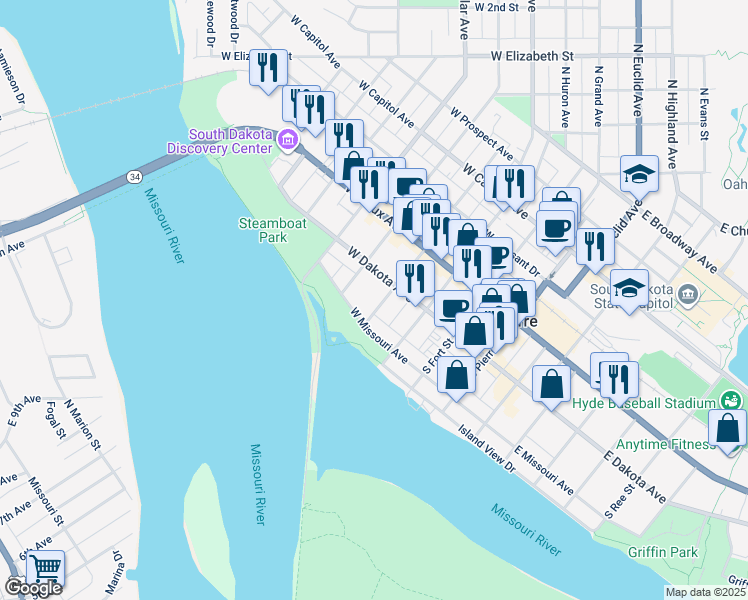 map of restaurants, bars, coffee shops, grocery stores, and more near West Missouri Avenue in Pierre