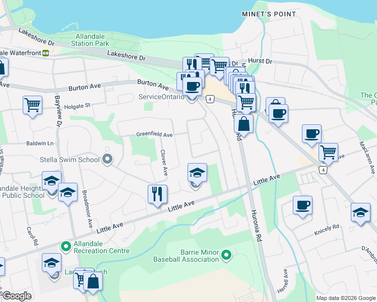 map of restaurants, bars, coffee shops, grocery stores, and more near in Barrie