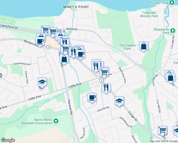 map of restaurants, bars, coffee shops, grocery stores, and more near 378 Yonge Street in Barrie