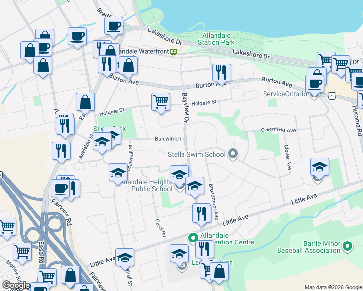 map of restaurants, bars, coffee shops, grocery stores, and more near 82 Bayview Drive in Barrie